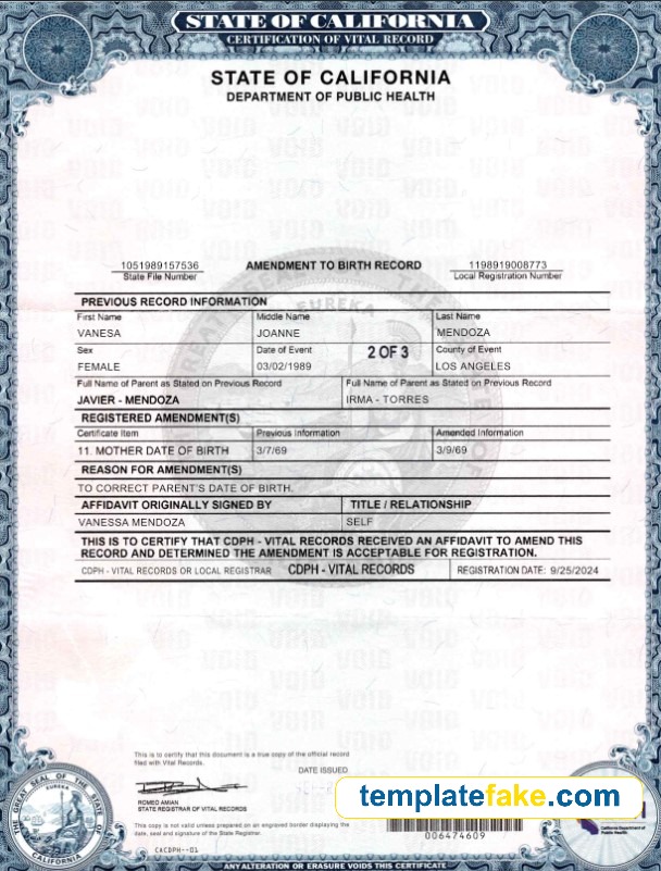 California Birth Certificate USA Template PSD