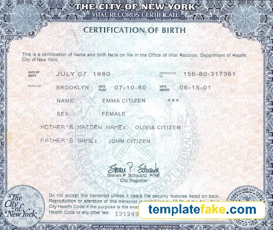 New York City Birth Certificate Template