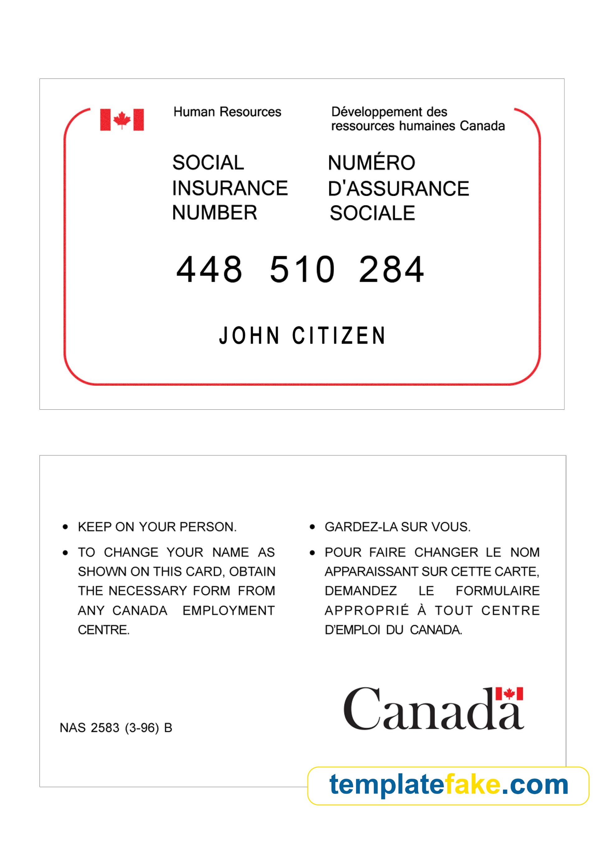 Social Insurance Number SIN Canada Template PSD