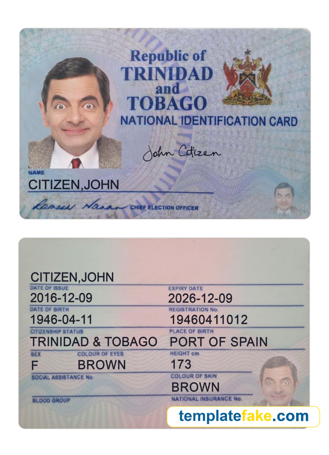 Trinidad and Tobago National Identity Card Template Front