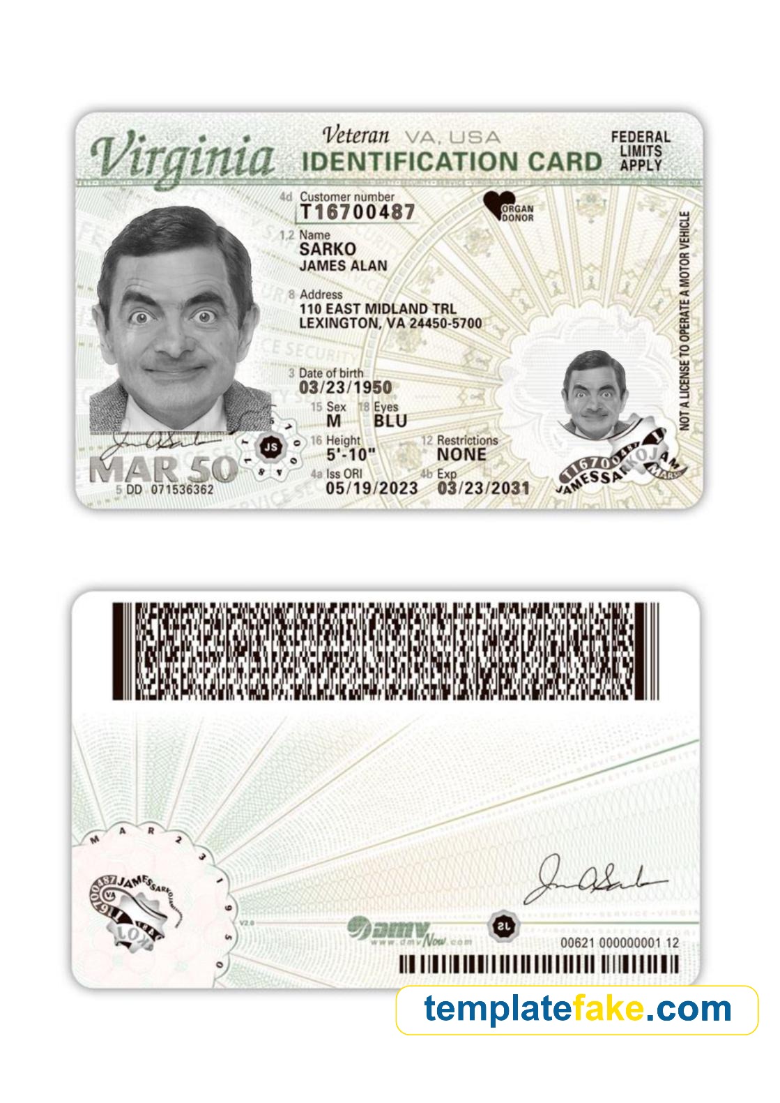 Virginia ID Card Template