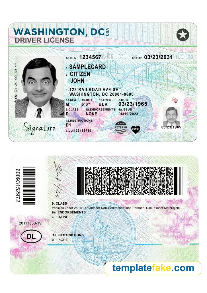Washington Driver License Template PSD Back
